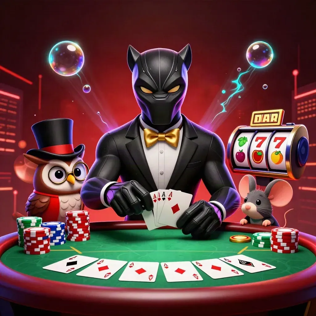 Panther, owl, and mouse play poker amid chips, reels, and neon casino glow.