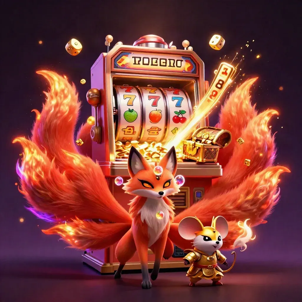 Nine-tailed fox spirit and armored mouse amid exploding slot symbols and gold.