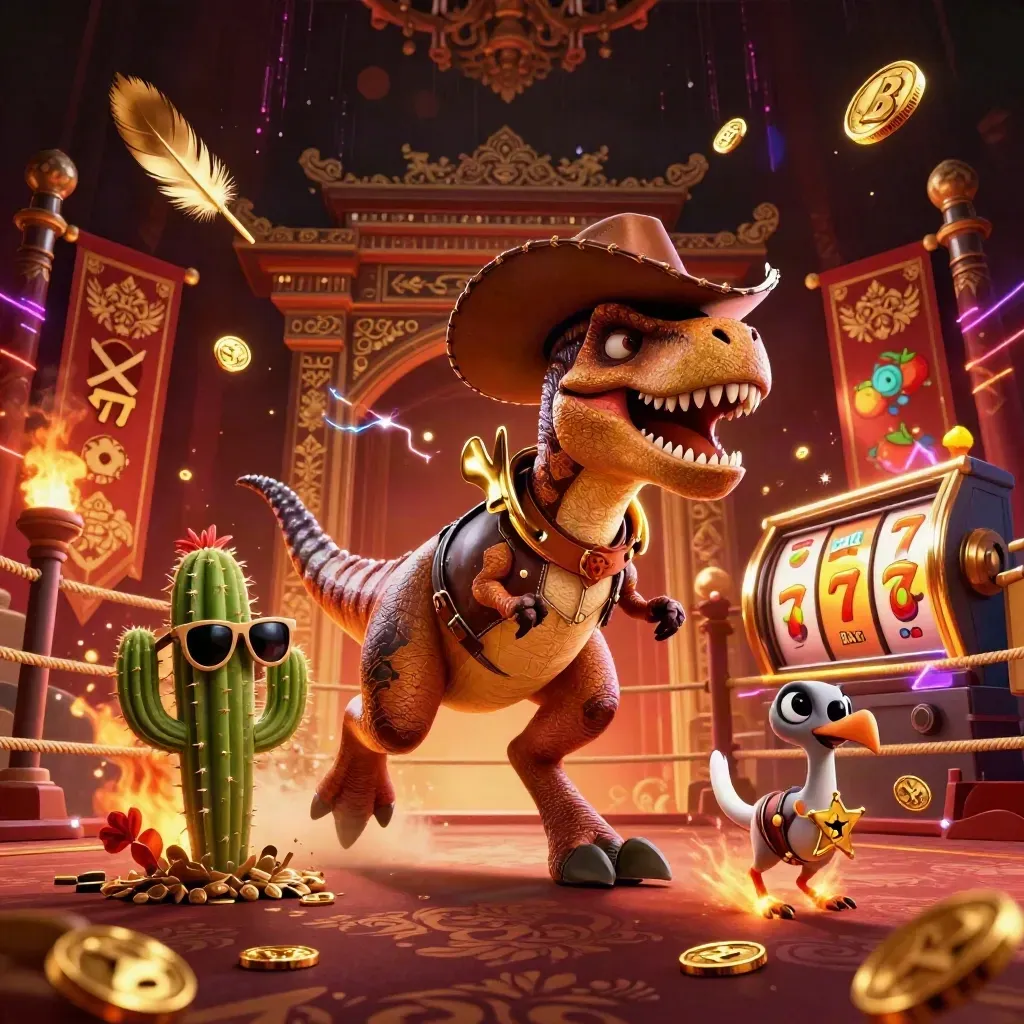 Cowboy T-Rex, cactus sidekick, and roadrunner burst through a neon casino ring.