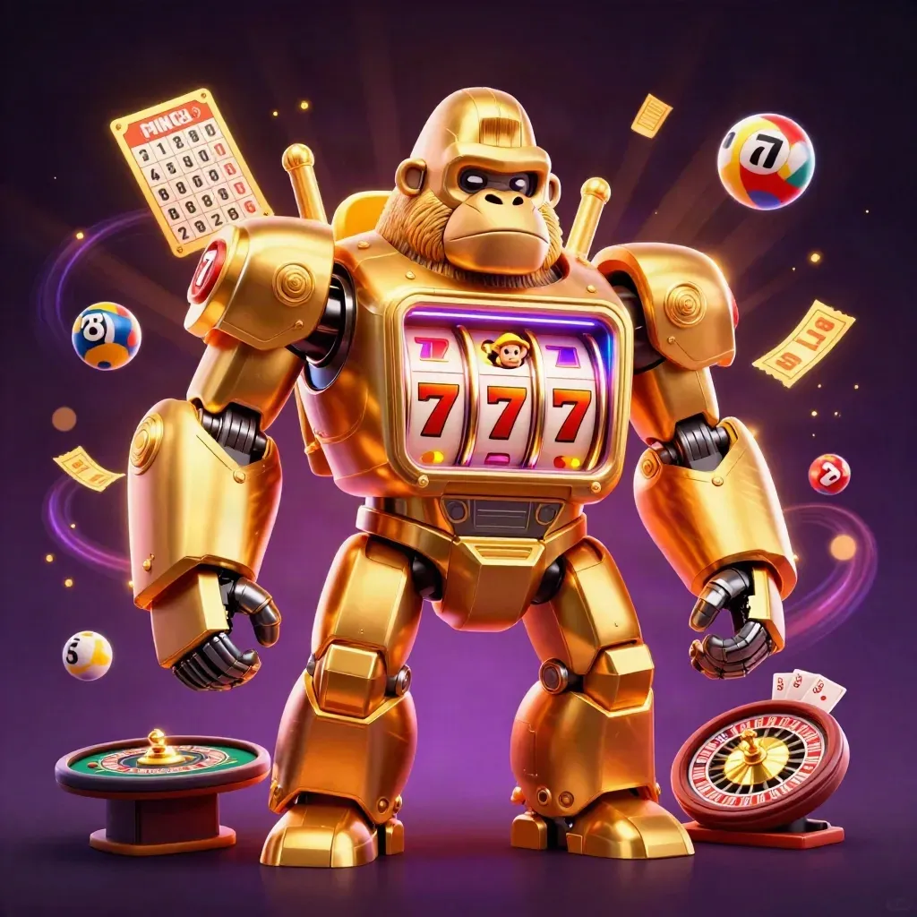 Golden gorilla slot mech with monkey pilot, reels, lottery balls, prize wheel, cards, and neon casino glow.