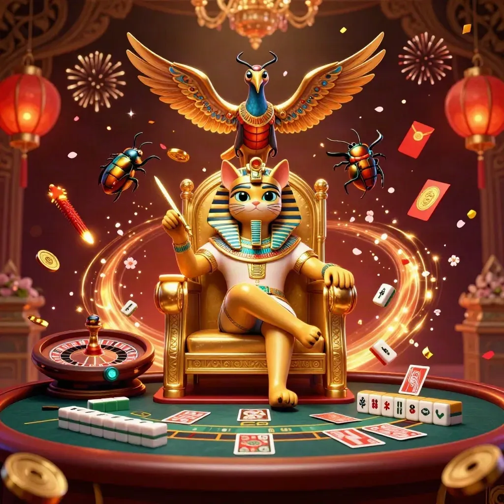 Pharaoh cat, ibis scribe and gem scarabs amid casino symbols, fireworks and neon gold glow.
