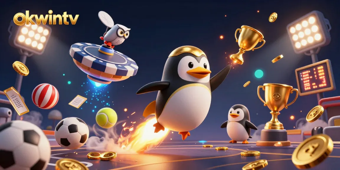 Okwintv takes off with a golden penguin in a space-themed casino illustration, featuring dynamic sports elements.