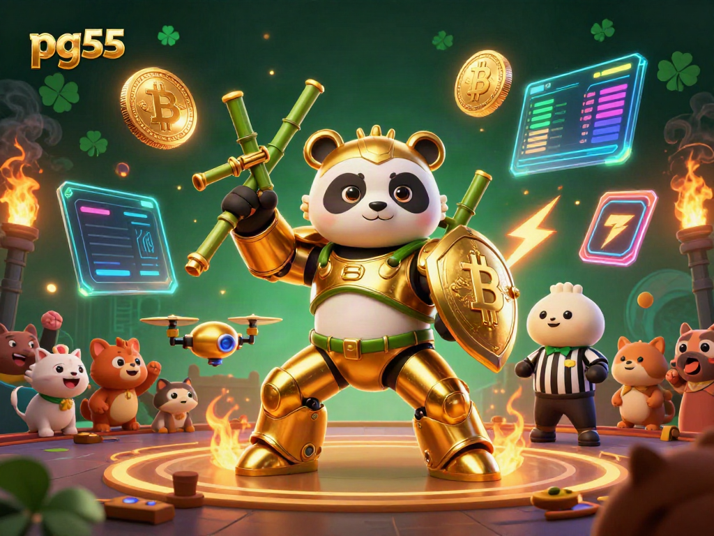 Engage in the thrilling world of pg55 with a dynamic 3D scene featuring a golden panda robot amid crypto elements.