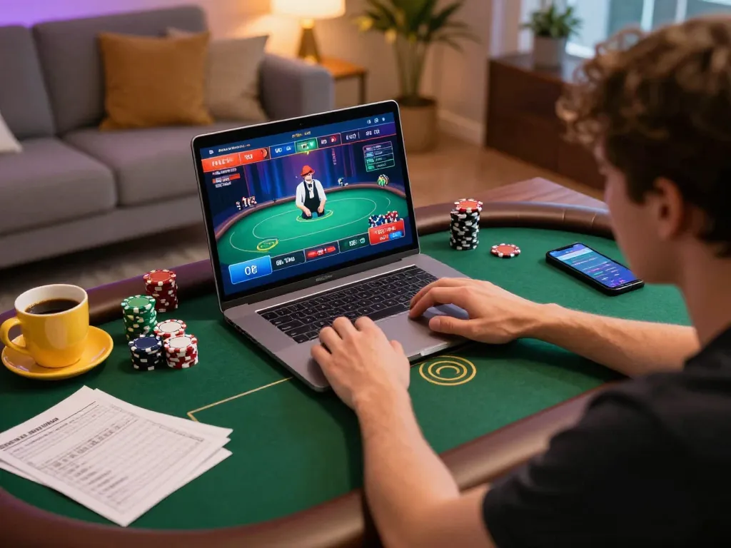 Player engaged in online poker game at home, using sc88 platform for strategic gameplay.