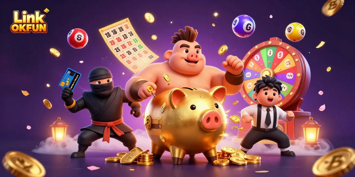 Unleash your gaming potential with Link OKFUN, a dynamic scene showcasing colorful lottery elements.