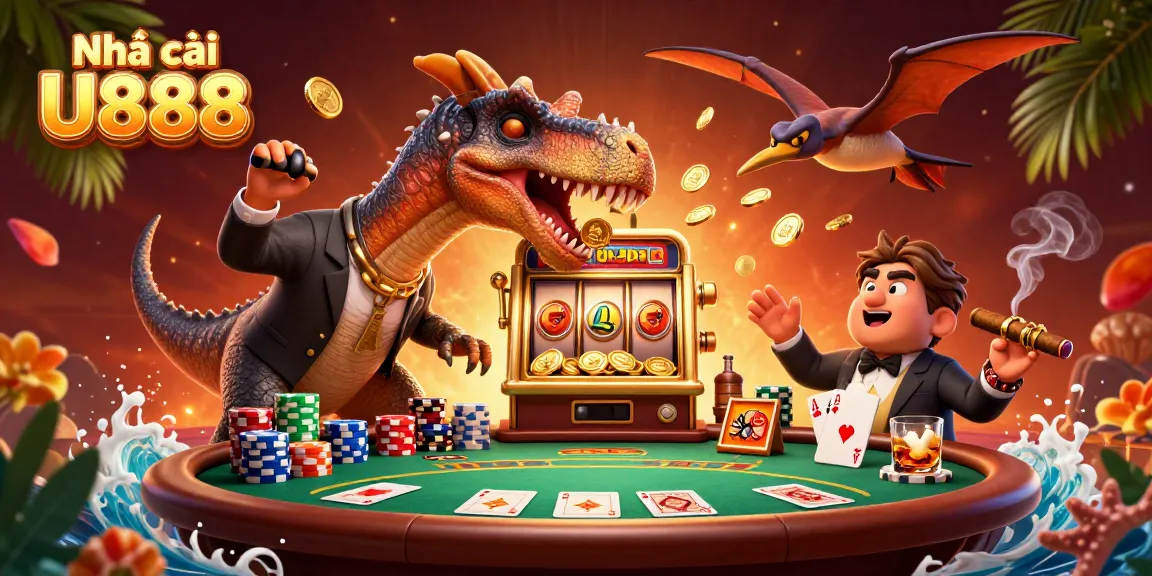 Experience the thrill at Nhà cái U888 as cartoon dinosaurs engage in casino fun, creating excitement with coin jackpots.
