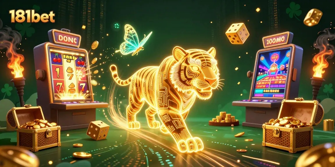 Experience thrilling gameplay with 181bet's neon tiger in a packed digital casino environment, showcasing jackpots and excitement.