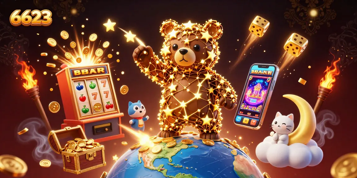 Play and win at 6623 with jackpots, coins, and exciting casino games illustrated in a vibrant scene