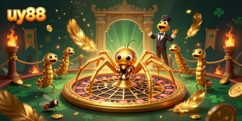 Engaging uy88 roulette scene with a golden spider and centipede croupier spinning a web of bets.