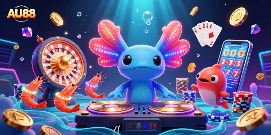 Engage with AU88's vibrant casino scene featuring a neon axolotl DJ, golden coins, and an upbeat atmosphere.