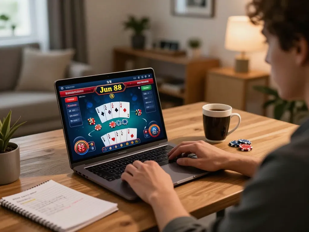 Player enjoying online casino gaming on Jun 88 platform, with vibrant interface and strategic notes visible in a cozy setting.