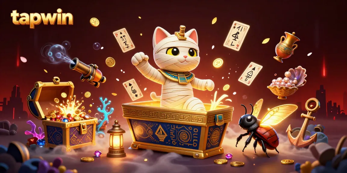 Uncover tapwin's thrilling casino adventure with a cartoon mummy cat and glowing elements.