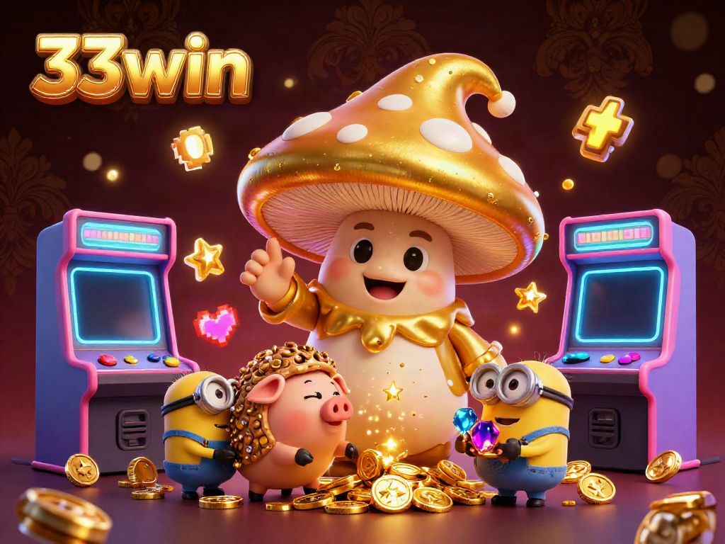 Trải nghiệm cá cược 33win với hình ảnh sinh động từ các nhân vật và máy game sắc màu.