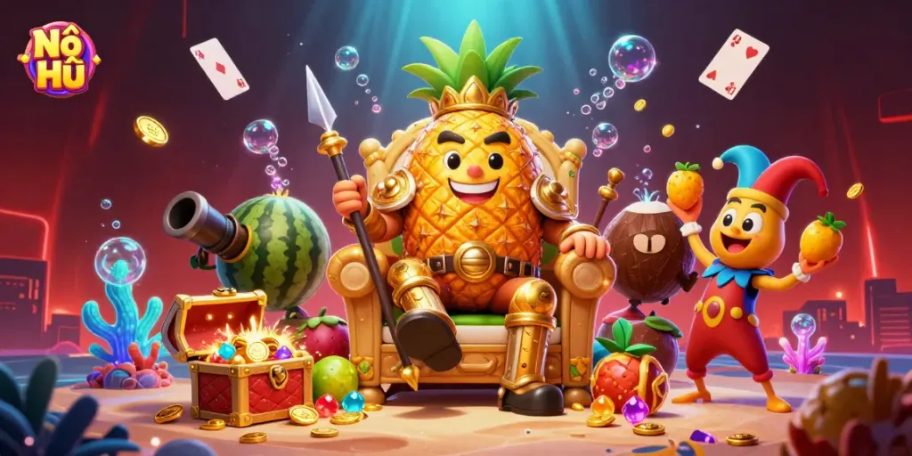 Nổ Hũ gaming scene image featuring a pineapple king, coconut bodyguards, and a mango jester in a vibrant beach casino setting