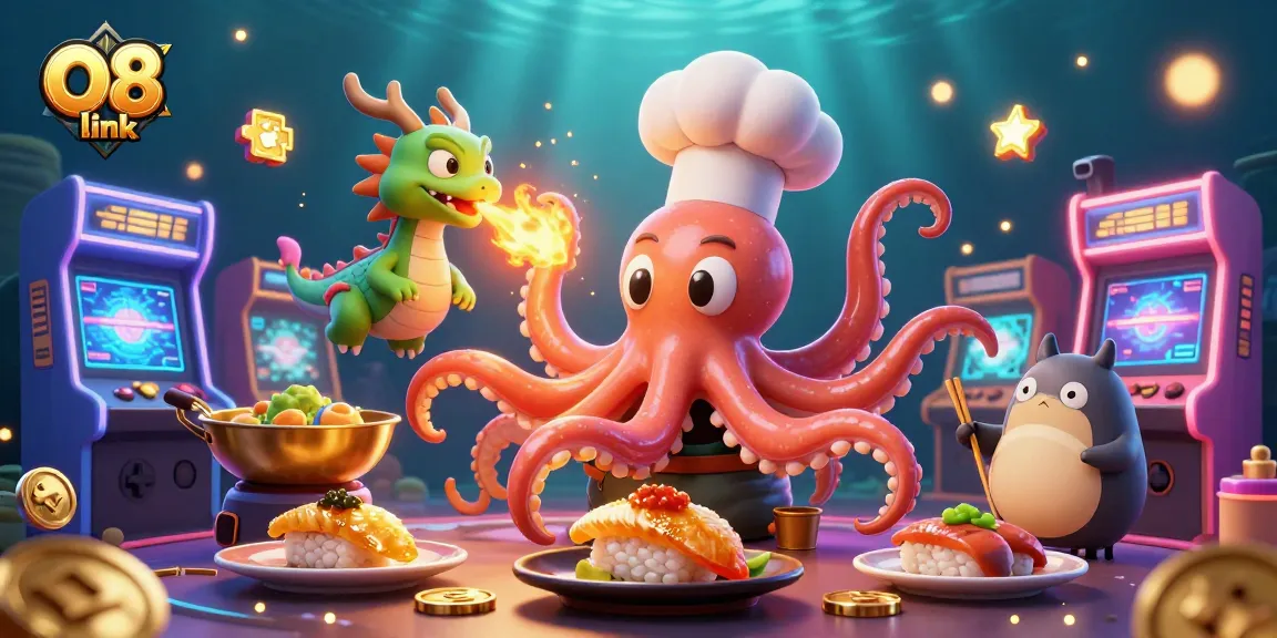 Engage with the exciting O8 link action, featuring a playful octopus chef and colorful gaming elements.