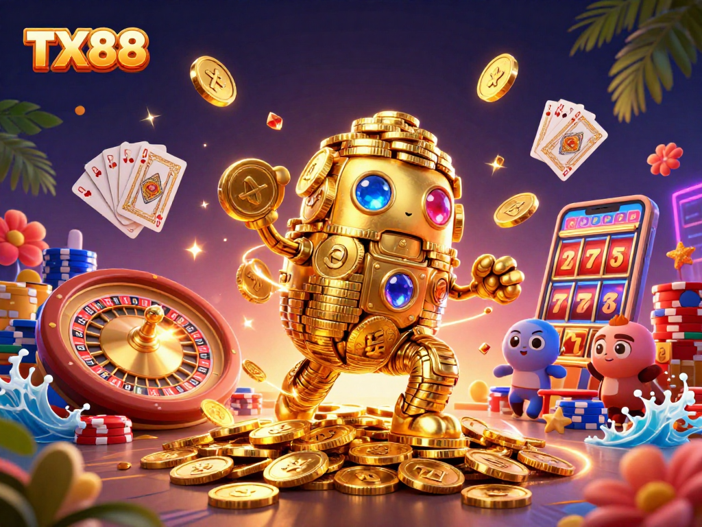 Experience thrilling wins at TX88, with 3D golem and casino elements celebrating gaming excitement.