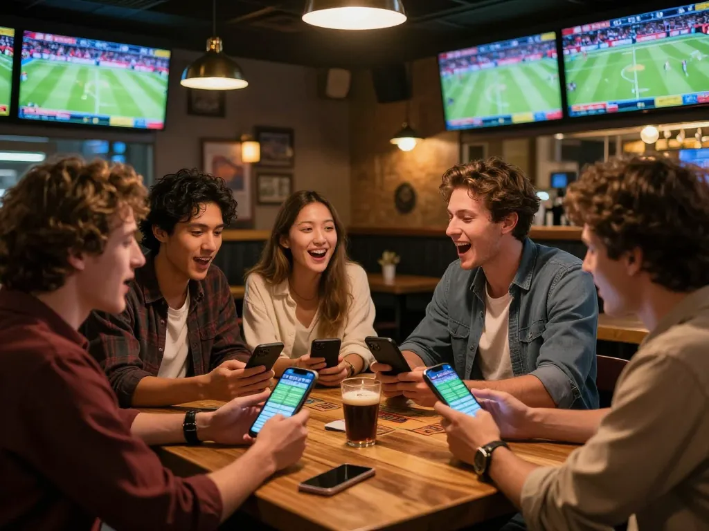 Soi kèo nhà cái displayed on mobile devices as friends enjoy sports betting at a vibrant bar.