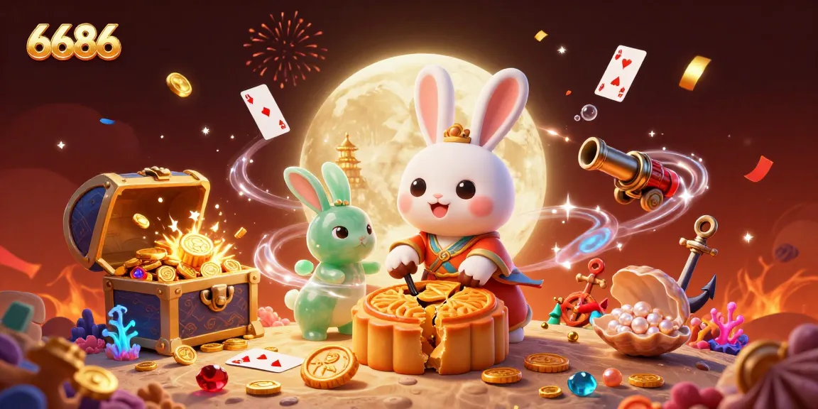Experience the excitement of 6686 with this vibrant casino moon rabbit illustration filled with poker chips and festive elements.