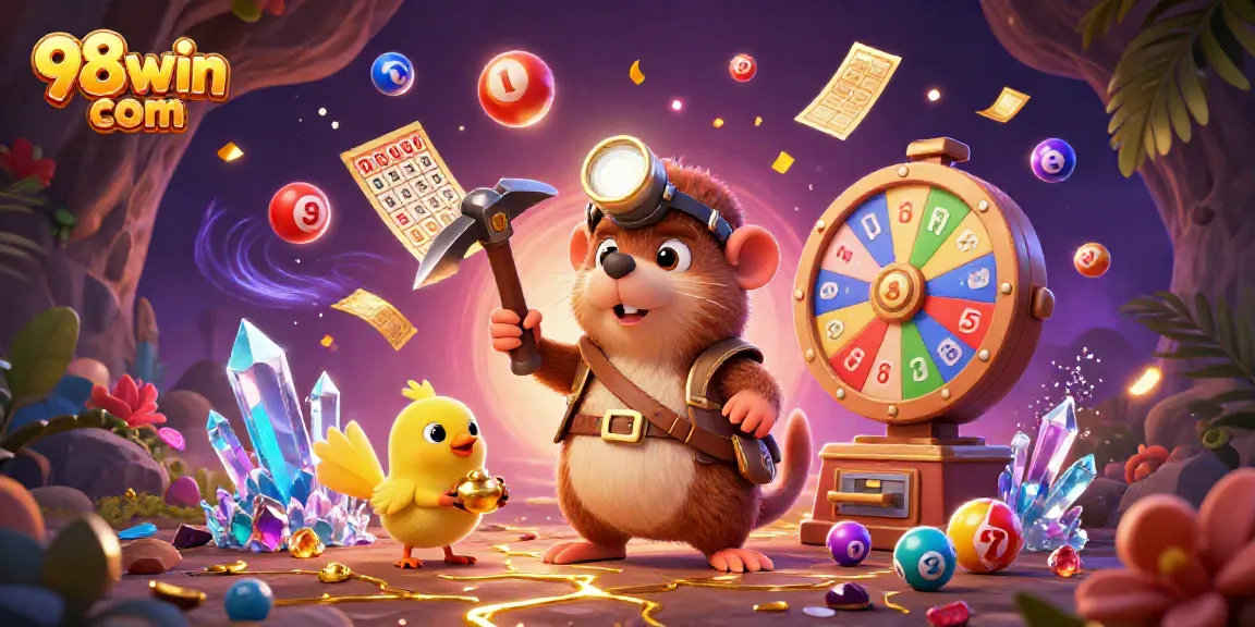 Engage in fun games at 98win com featuring a treasure hunter mole and vibrant gaming elements.