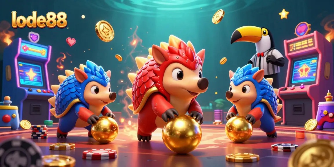 lode88 pangolins roll golden balls while bowling poker chips in a vibrant 3D casino scene.