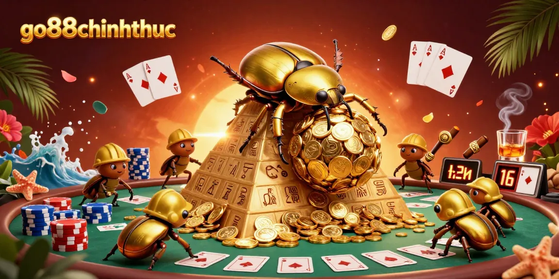 Experience excitement with go88chinhthuc as golden beetles roll coins in a vibrant casino scene.
