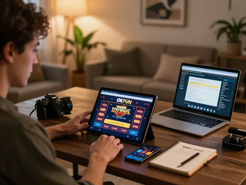 Engaged player using the OKFUN app on a tablet for online gambling strategies in a cozy home setting.