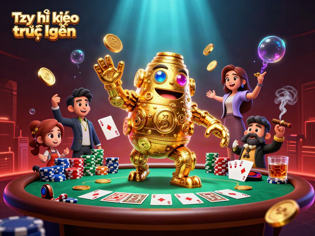 Engage with Tỷ lệ kèo trực tuyến in a vibrant 3D scene featuring a golden golem surrounded by poker elements.