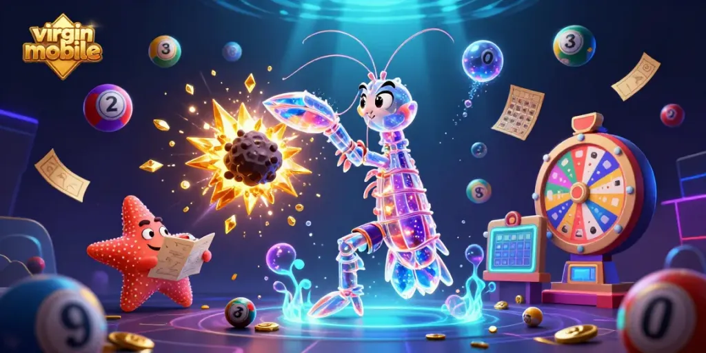Experience thrilling gaming at virgin-mobile with an action scene of a mantis shrimp in a casino explosion.