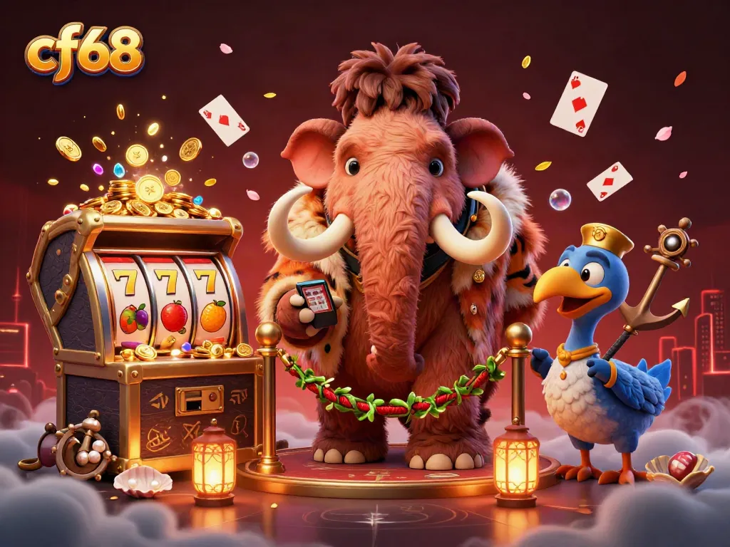 cf68 invites players to enter a vibrant casino with colorful slot reels, VIP characters, and gold coins.