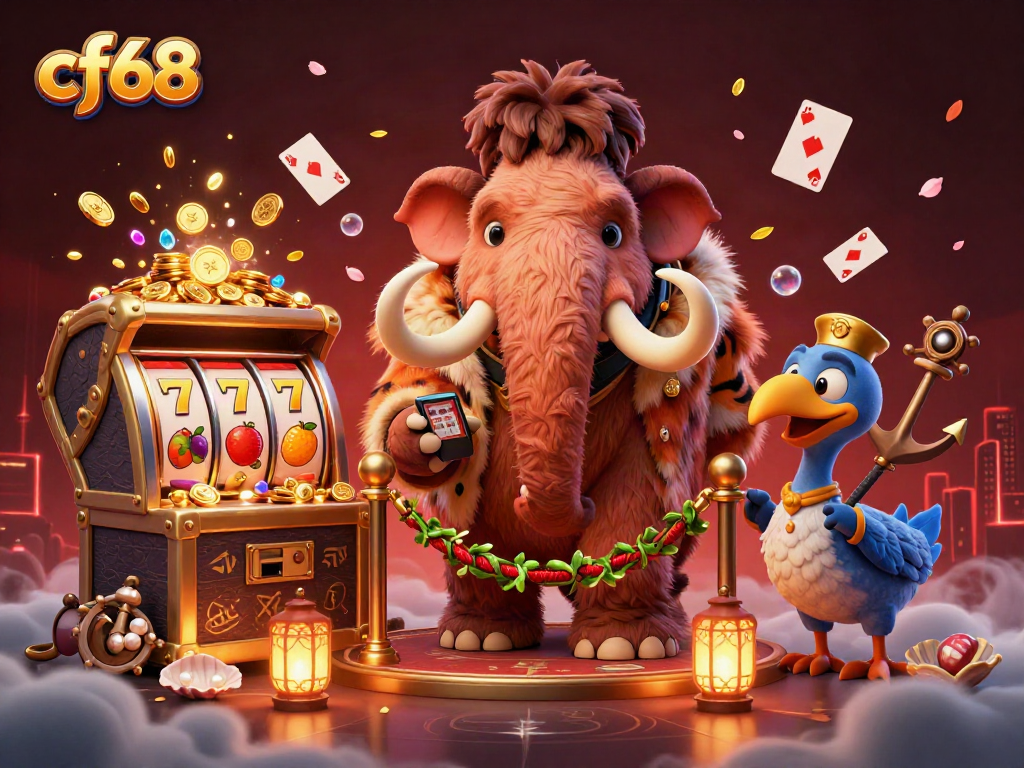 cf68 invites players to enter a vibrant casino with colorful slot reels, VIP characters, and gold coins.