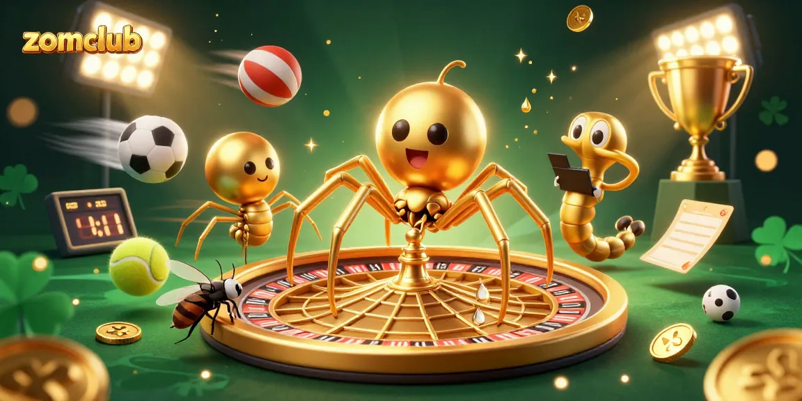 Experience the thrill of zomclub as a cartoon golden spider spins a roulette wheel, fulfilling your betting desires.