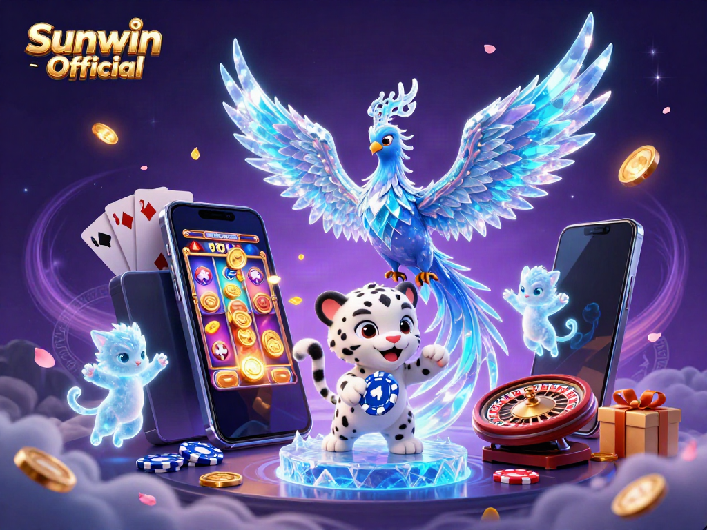Win exciting jackpots with Sunwin Official: vibrant gaming scene featuring a magical phoenix and snow leopard