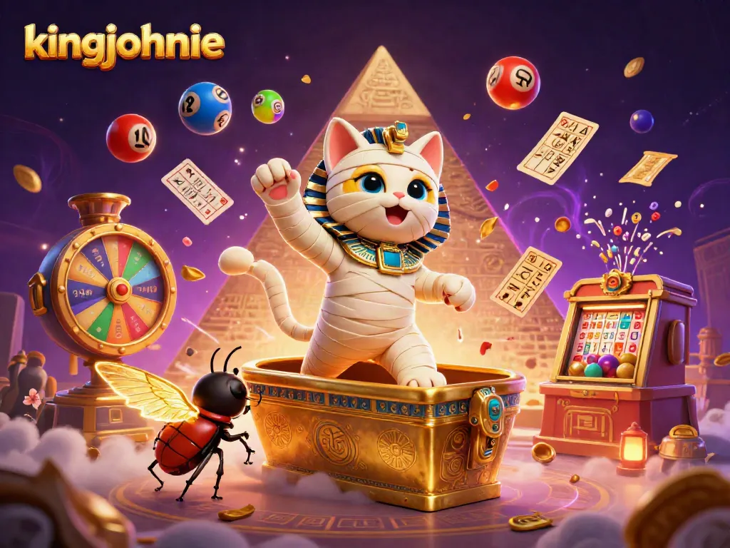 Engage in thrilling online craps at kingjohnnie with vivid 3D illustration of a mummy cat and gaming elements.