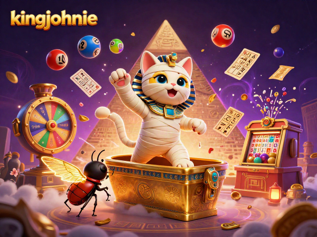 Engage in thrilling online craps at kingjohnnie with vivid 3D illustration of a mummy cat and gaming elements.