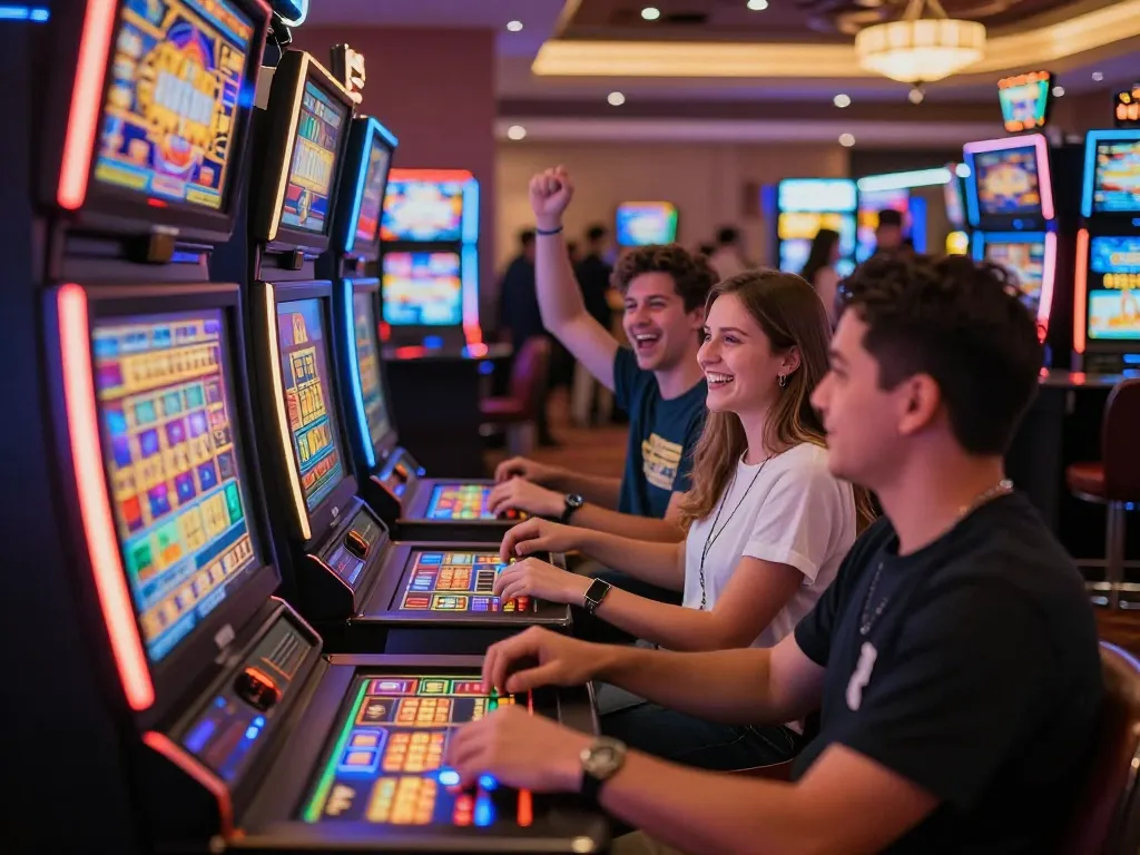 Players celebrating wins on vibrant slot machines at mm88bet casino, enjoying an immersive experience.