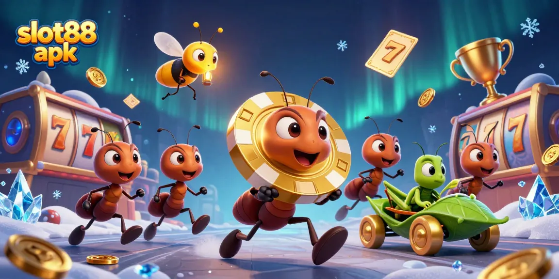 Win big with slot88 apk as ants carry a giant poker chip in a vibrant casino heist scene.