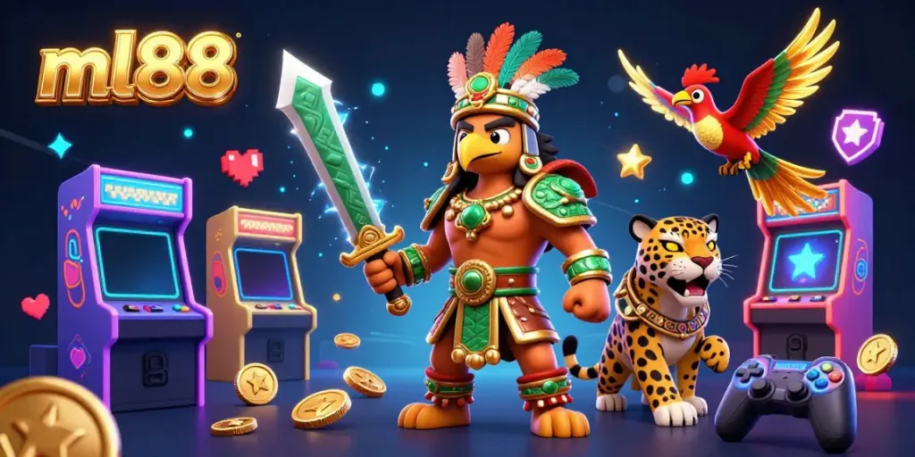 Engage with ml88's vibrant 3D casino adventure featuring Aztec warriors and glowing gaming elements.