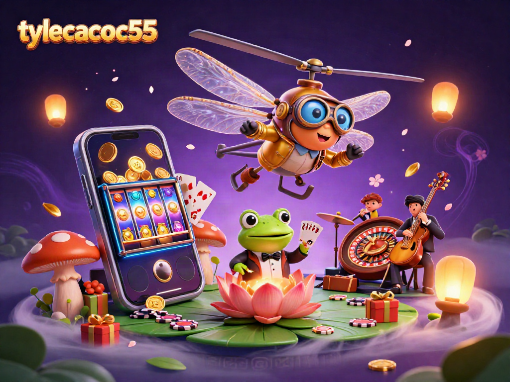 Engage in the magical world of tylecacuoc55 with a vibrant casino scene featuring a helicopter dragonfly pilot, frog croupier, and enchanting jazz musicians.