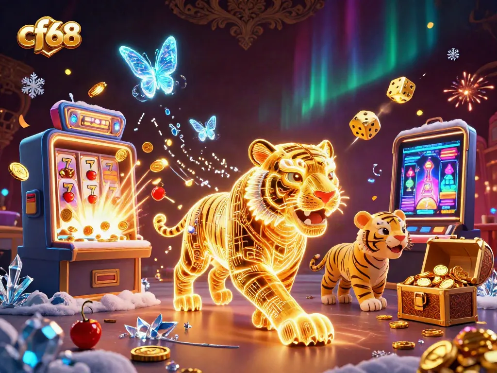 Watch the thrilling cf68 adventure unfold in a vibrant digital casino scene where a golden tiger leads the way.