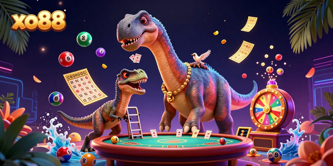 Experience the excitement of xo88 with vibrant casino action featuring a brontosaurus and raptor in 3D illustration.