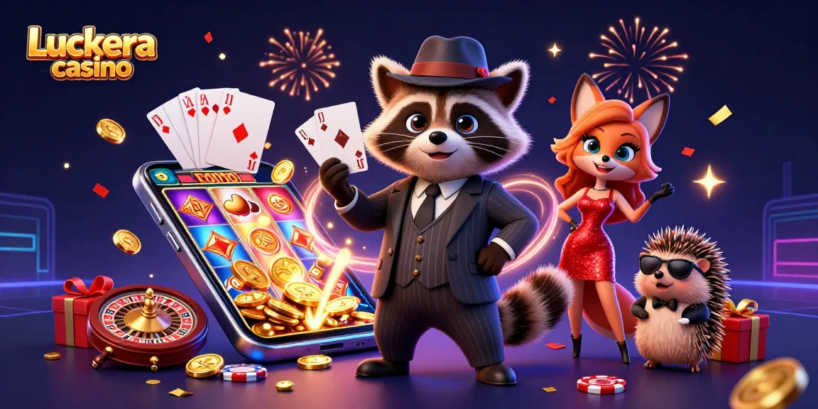 Luckera casino lively scene with cartoon characters enjoying slots and casino games.