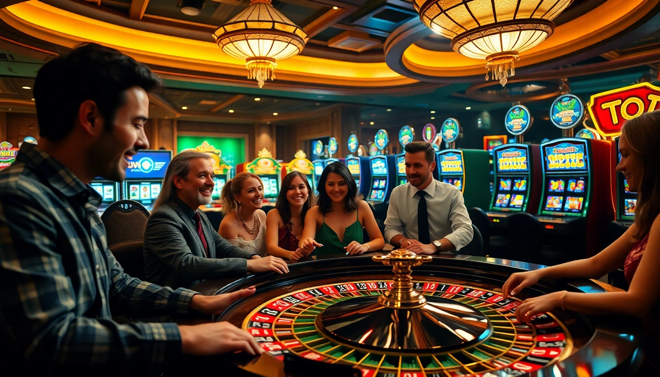 Spannende casinospiele an einem Roulette-Tisch mit lebhaften Spielern und bunten Spielautomaten.