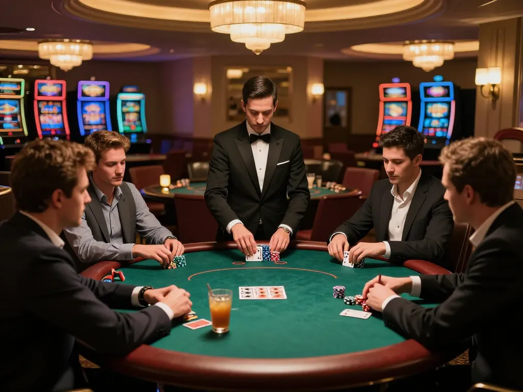 Players engaging in a high-stakes poker game at an elegant casino lounge, with chips and cards visible, showcasing s8 strategic gameplay.