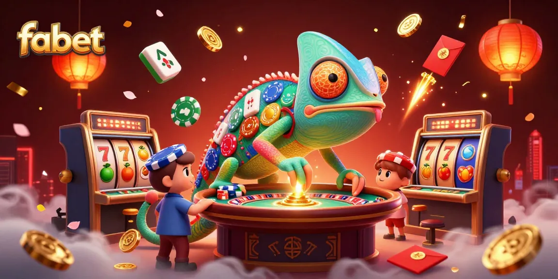 Experience fabet's vibrant casino atmosphere with a chameleon owner grabbing coins amid dynamic games.