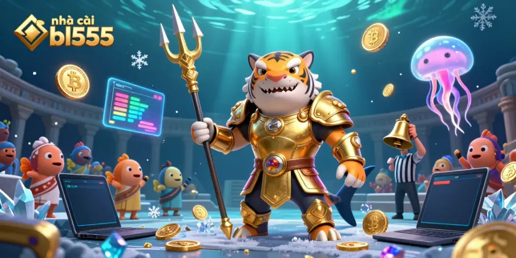 Engage in exciting gameplay at nhà cái bl555, highlighted by vibrant underwater scenes with a gladiator shark and crypto elements.