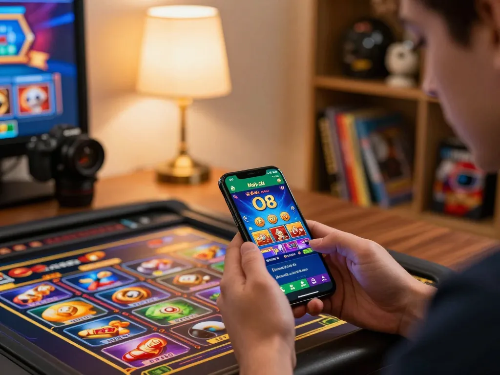 Engaging mobile gaming session with Nhà cái O8 app, user exploring diverse betting options comfortably at home.