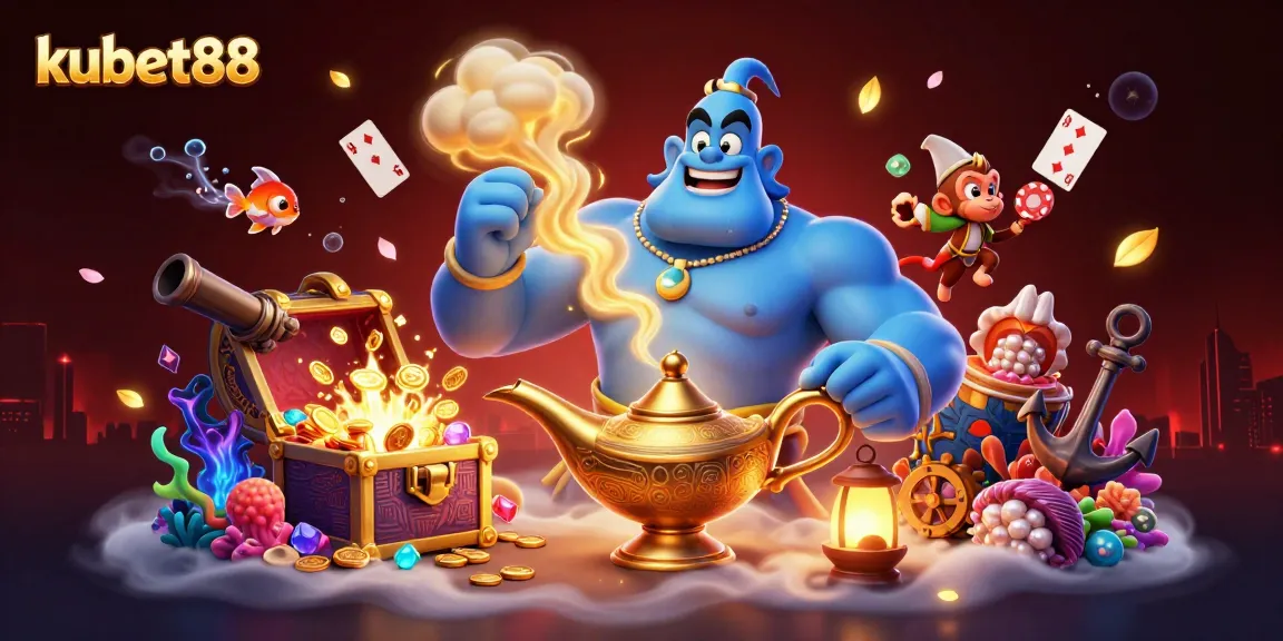 Experience thrilling gameplay with kubet88's vibrant casino scene featuring a mystical genie and treasure.