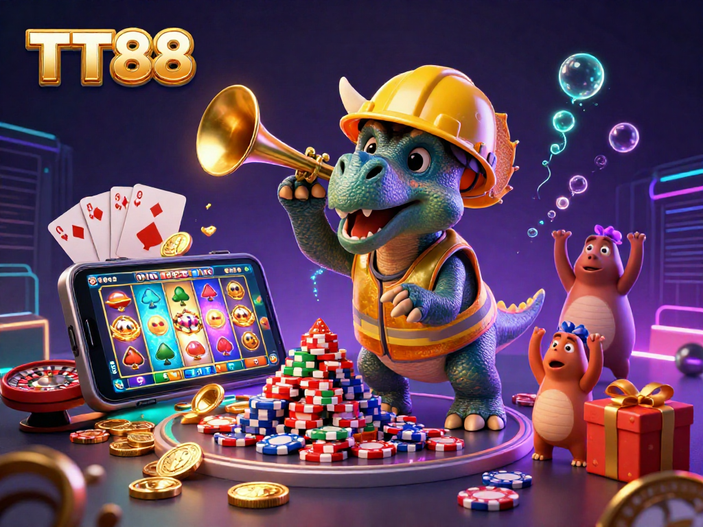 TT88 showcases a triceratops building a poker chip pyramid amidst a dynamic casino scene.