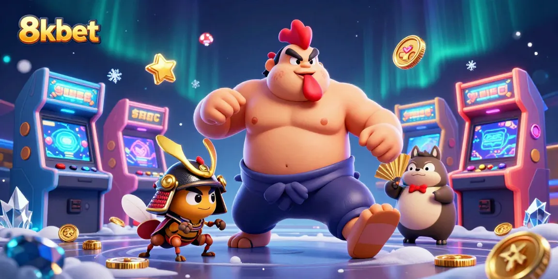 Engage with 8kbet’s thrilling gaming world featuring powerful sumo wrestlers, vibrant arcade machines, and bonus icons.