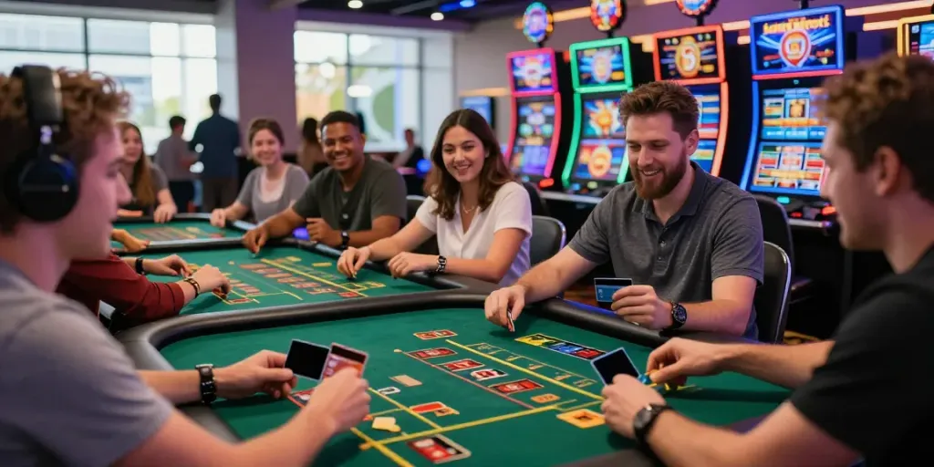 Exciting scene of players at credit card casinos enjoying live dealer games and slots in a vibrant, modern setting.